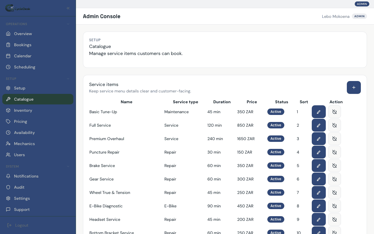Bike management screenshot